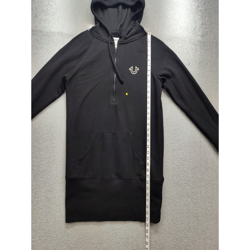 True Religion Women Sweater Dress L Black Hooded Pockets 1/4 Zip Logo Casual - Picture 14 of 16